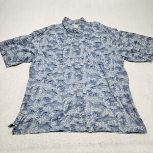 Columbia Hawaiian Shirt XXL 2XL Blue Fishing Waves Palm Trees Aloha Nautical